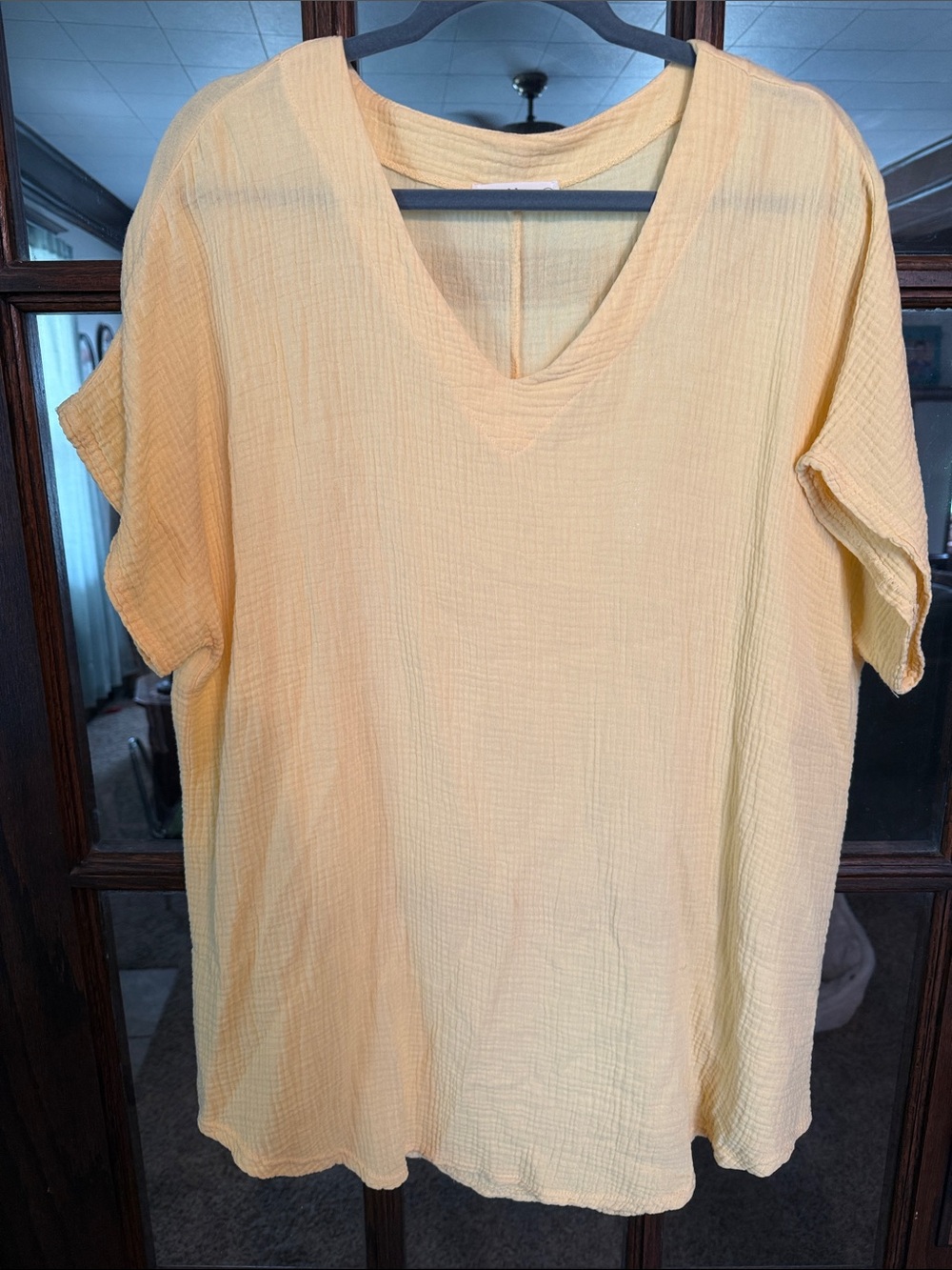 Jess & Jane Yellow Cotton Double Gauze V-Neck Top XL Made in USA Natural Fiber